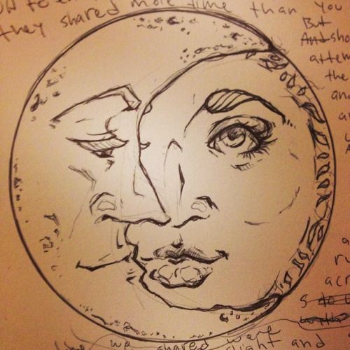 a drawing of a man's face in a circle with writing on the wall