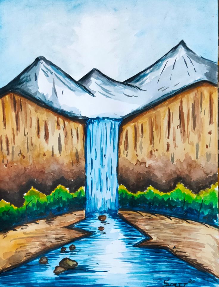 a painting of a waterfall with mountains in the background and blue water running down it