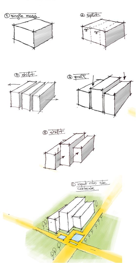 some drawings of different types of buildings