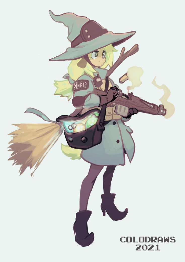 a woman in a witch costume holding a broom and wearing a hat with the word colddraws on it