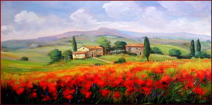 a painting of an italian countryside with poppies