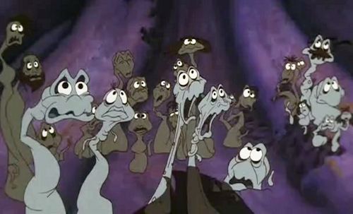 an animated scene with many cartoon characters in purple and black colors, including two cats