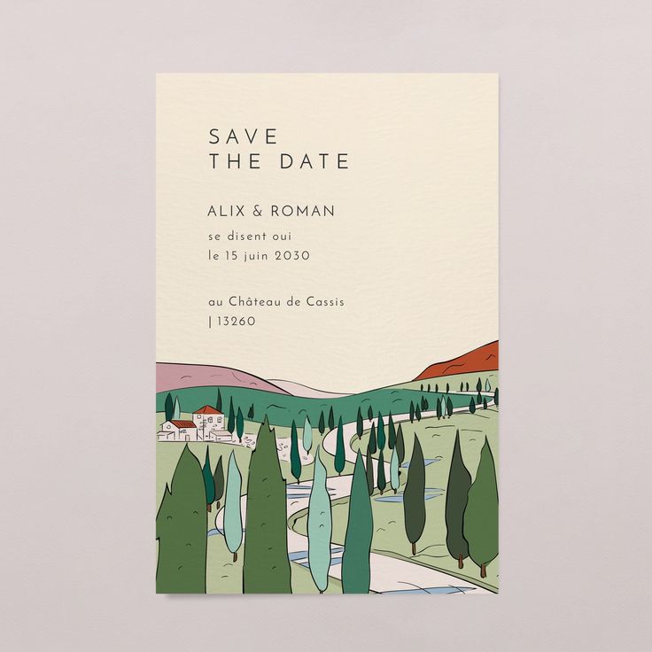 save the date card with an illustration of trees