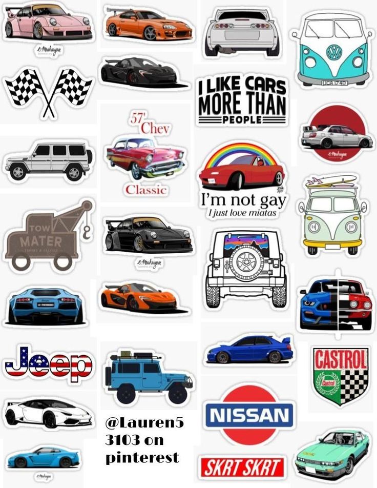 stickers with different types of cars and trucks on them, all in different colors