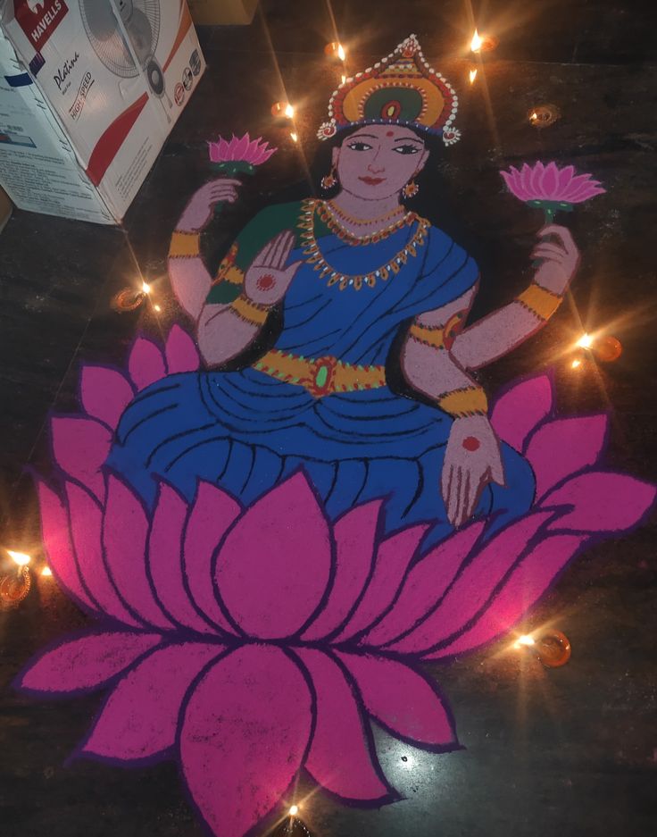 an image of a woman sitting on top of a flower in front of some lights