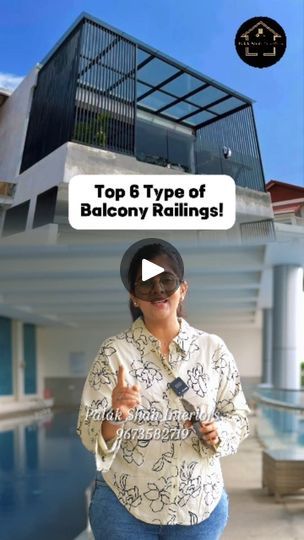 a woman standing in front of a building with the words top 8 type of balcony railings