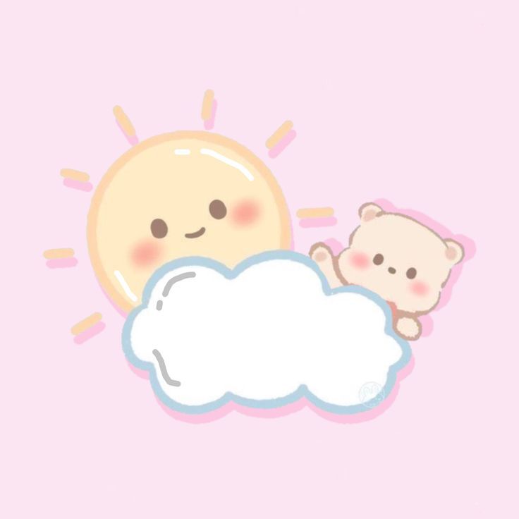 an image of a cute little bear and sun on the pink sky with clouds in the foreground