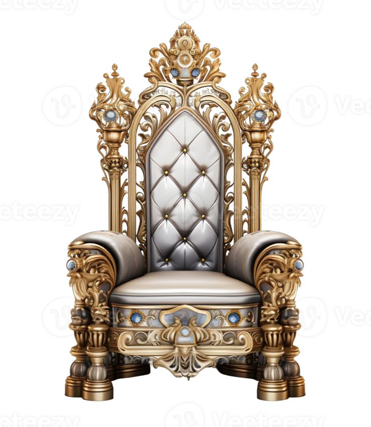 an ornate gold and white chair on a white background