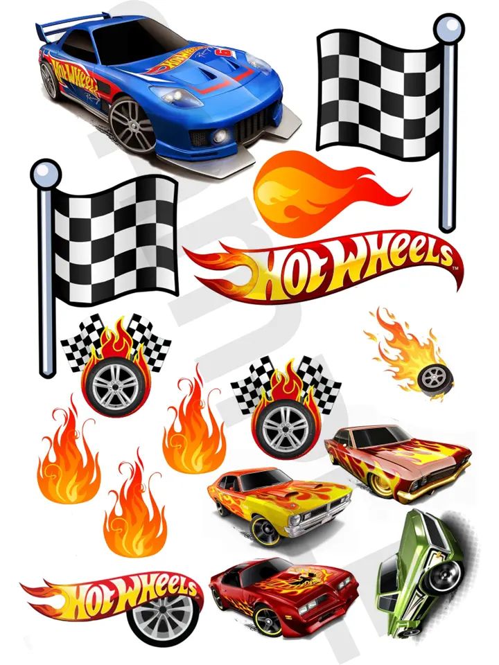 the hot wheels stickers are all different colors and designs, including checkered flags