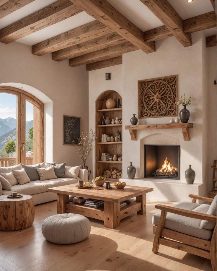 a living room filled with furniture and a fire place in the middle of a room