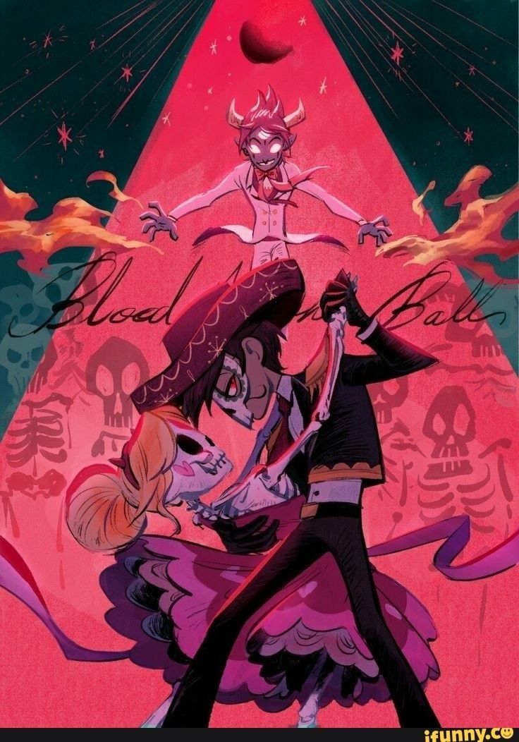 an image of two people dancing in front of a pink background with skulls and stars