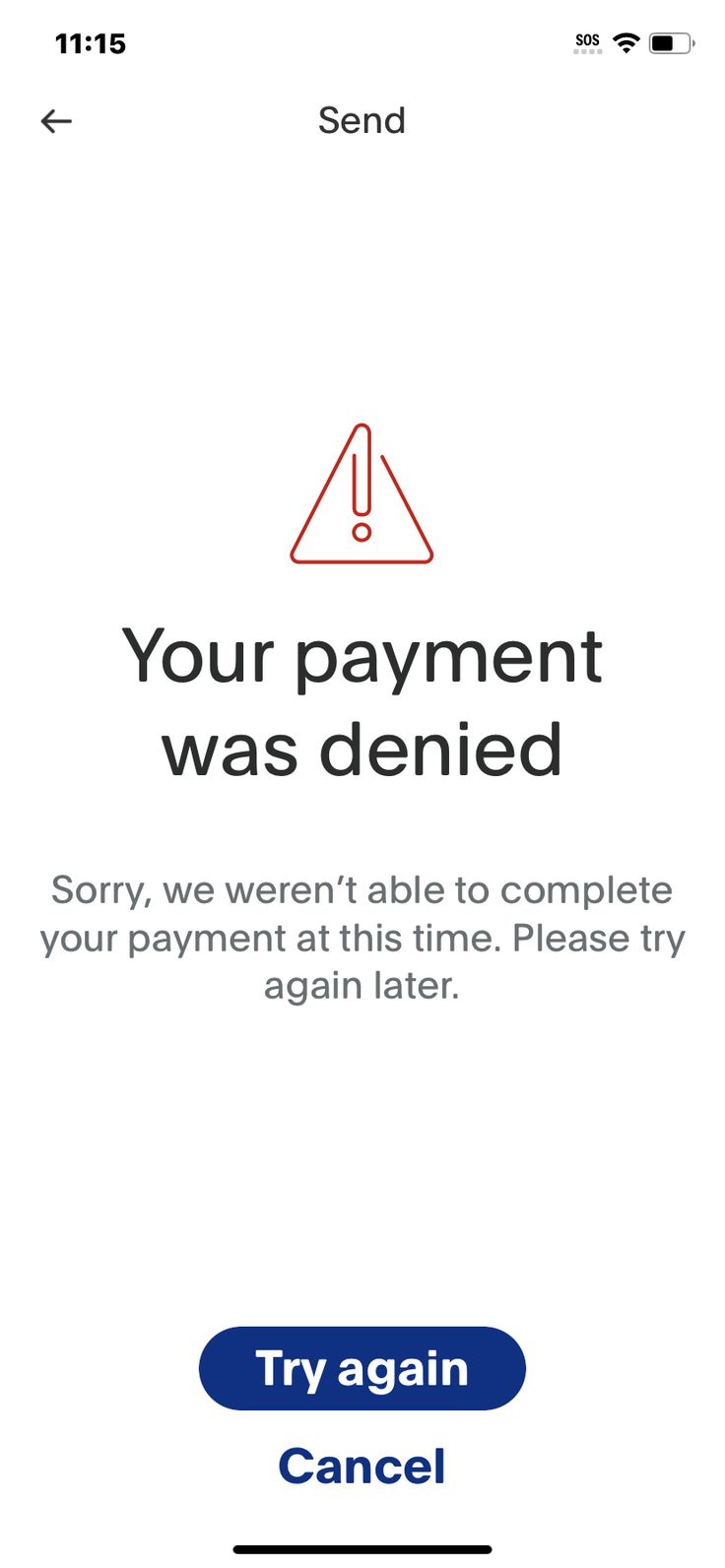 an iphone screen with the text, your payment was defined sorry we weren able to complete your payment at this time please try again again again again