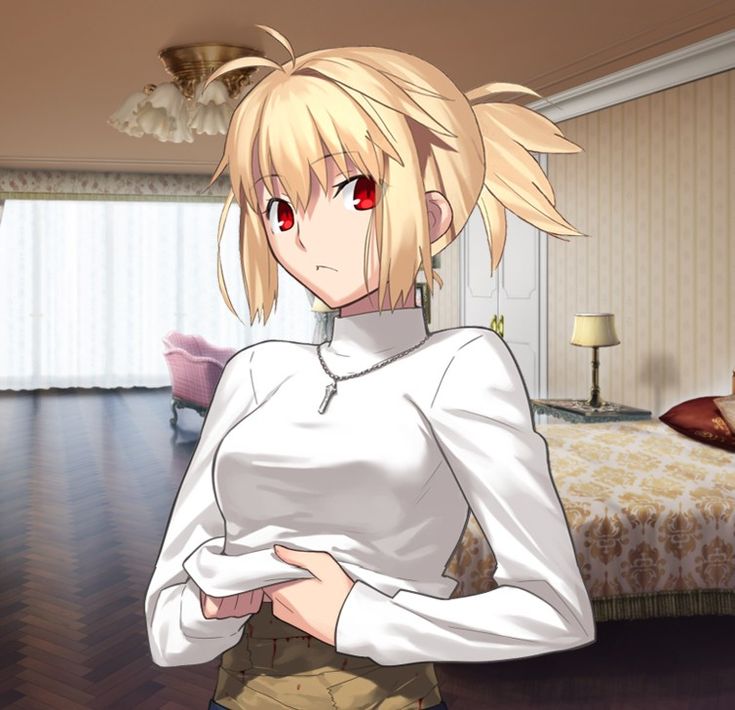 an anime character with blonde hair and red eyes standing in a bedroom next to a bed