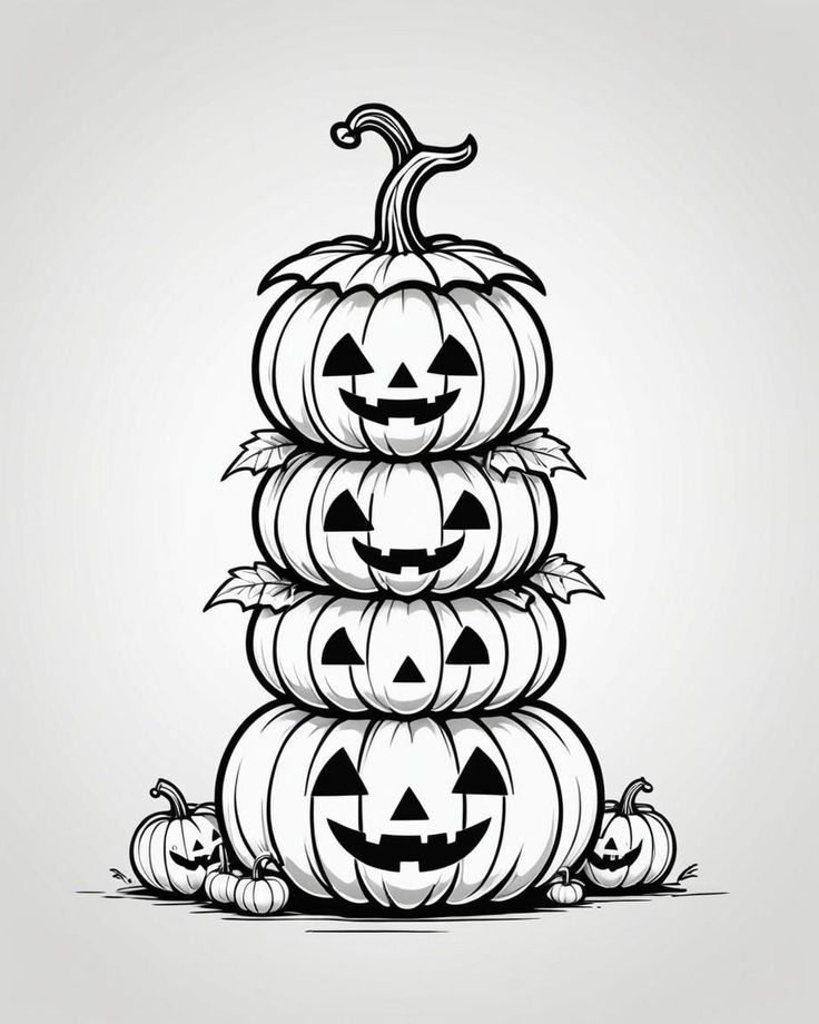 a stack of pumpkins with jack - o'- lanterns on them, all in black and white