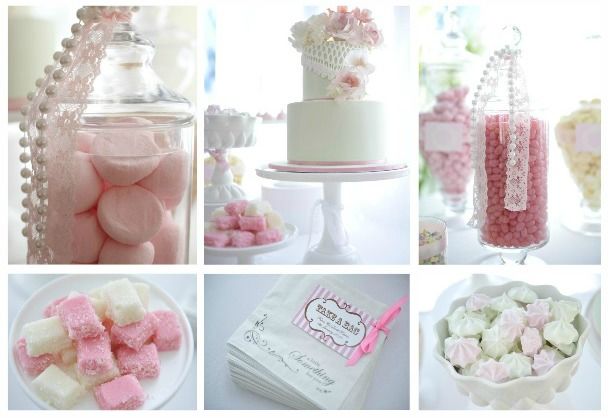 a collage of pink and white wedding decorations, cake, candy bars, and candies