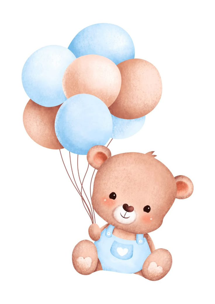 a brown teddy bear holding blue and white balloons