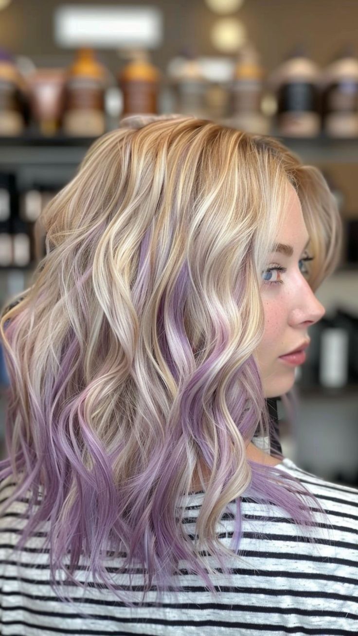 Blonde Hair And Purple Highlights, Blonde Hair Color Ideas With Peekaboos, Icy Blonde With Purple Highlights, Hair Dye Inspo For Blondes, Purple Low Lights In Blonde Hair, Short Blonde Purple Hair, Hair Color Idea For Blondes, Blonde Hair With Pink And Purple, Blonde Hair With Different Colors