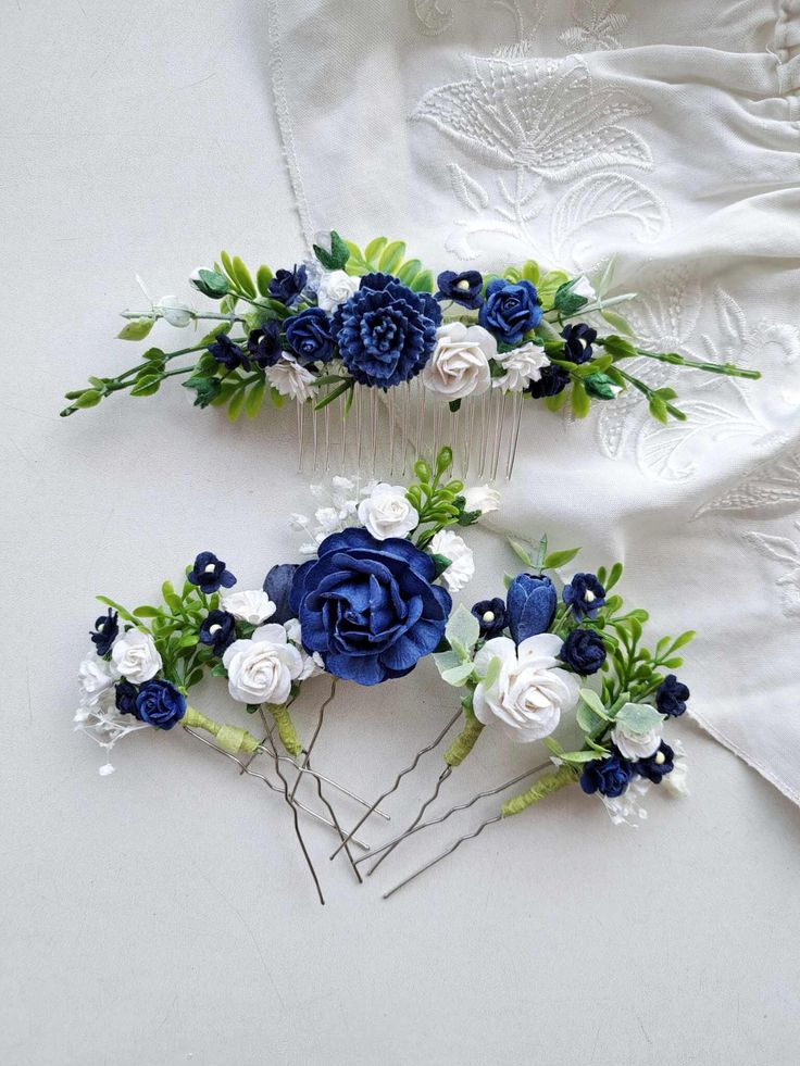 This White and blue flower hair pins and comb wedding , of artificial flowers This a beautiful and delicate hair accessory for brides and a nice gift to the bridesmaids On the wedding day, every bride wants to look fantastic. This flower hair piece , will be a magical addition to your look on your happiest day. This will emphasize the ease of your image. The comb is very conveniently attached to the hair and fits in with any hairstyle. -Material- artificial pearl and artificial greenery -Colors- white, dark blue, blue, white - Unique handmade Navy Blue Hair Accessories, Blue Wedding Hair, Dark Blue Wedding, Navy Blue Hair, Blue Hair Accessories, Flower Hair Pins, Flower Hair Pieces, Floral Hair Pins, Navy Blue Flowers