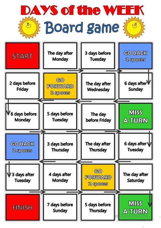 the days of the week board game is shown in red, yellow and blue colors