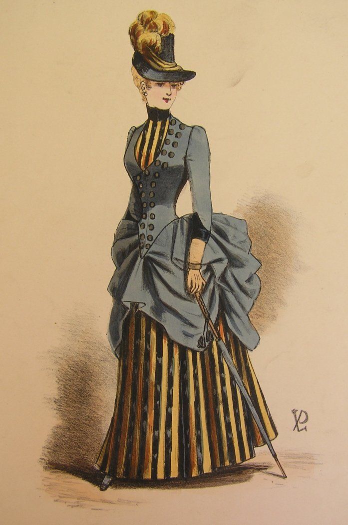 Loving the stripes!  Late 1880s 1880 Fashion, Victorian Era Fashion, 1880s Fashion, 1890s Fashion, 1800s Fashion, Bustle Dress, Victorian Costume, 19th Century Fashion, History Fashion