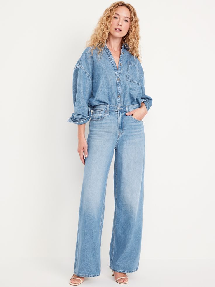 high waisted button front belt loops zip fly front scoop pockets back patch pockets whiskering sits at belly button loose hip and thigh hits below ankle 30" regular inseam 28" petite inseam 33" tall inseam models are approx.  5'9" and wear sizes s (4), l (12), and xl (18)machine wash according to the care instruction label  . Best Holiday gift for Women , perfect Jeans for Christmas! Fall Utility High Rise Wide Leg Pants, High Rise Utility Wide Leg Pants For Fall, Light Wash Button-up Bottoms For Work, Relaxed Fit Medium Wash Wide Leg Pants For Work, Relaxed Fit High-waisted Wide Leg Pants With Button Closure, Baggy Medium Wash Bottoms With Button Closure, High Rise Baggy Bottoms With Button Closure, Button-up Denim Blue Cotton Bottoms, Fall Bottoms With Pockets In Medium Wash