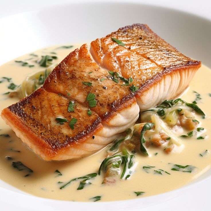 two pieces of fish are in a creamy broth