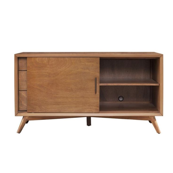 the sideboard is made out of wood and has two doors on one side, an open