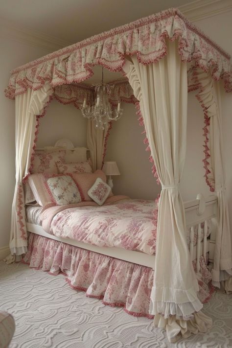 the canopy bed is made up with pink and white bedspreads, pillows, and curtains