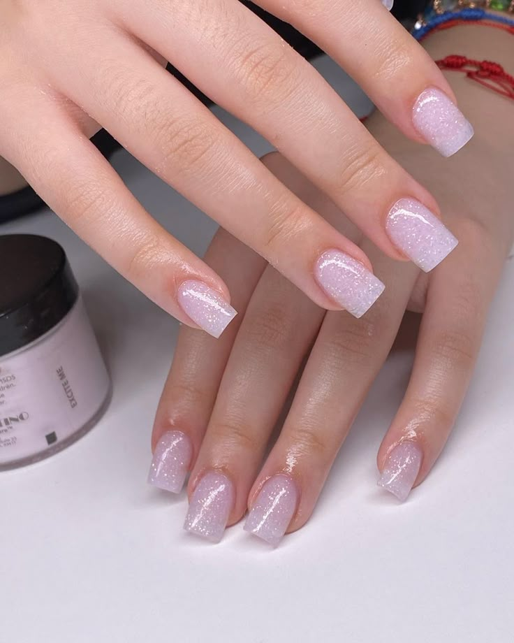 Short Square Sparkle Nails, Everyday Nails Acrylic Short, Concert Dip Nails, Trendy Nails Short Square White, Cute Short Square Nails Glitter, Short Acrylic Nails For Moms, Cute Basic Nails Acrylic Short, Basic Cute Short Nails, Short Square Iridescent Nails