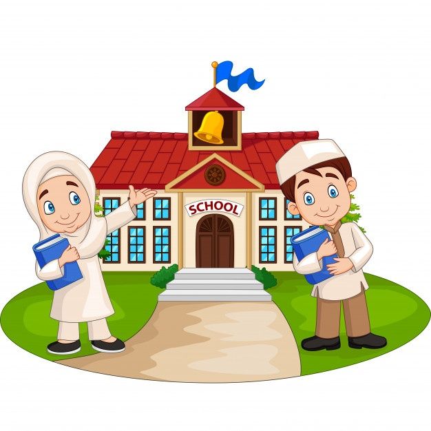 two children are standing in front of a school building with a bell on the roof