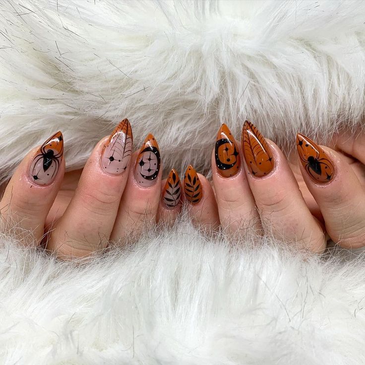 Autumnal Halloween Nails, Natural Acrylic Nails Halloween, Witch Fall Nails, Halloween Nails Witches, Autumn Witchy Nails, Gothic Autumn Nails, Witchy Autumn Nails, Autumn Witch Nails, Autumn Nails Halloween