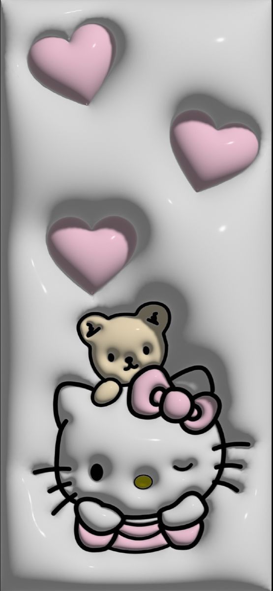 a hello kitty wallpaper with hearts in the air and a teddy bear on top