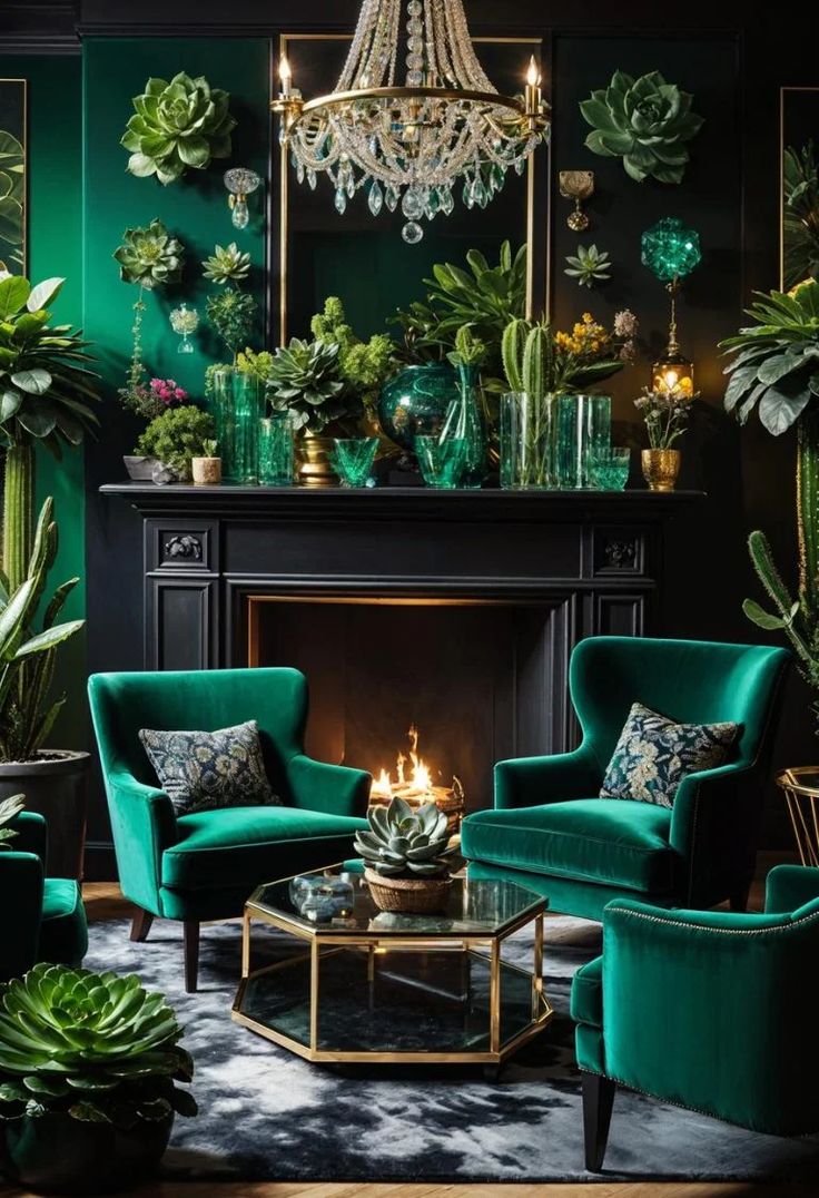 a living room filled with green furniture and potted plants on top of a fireplace