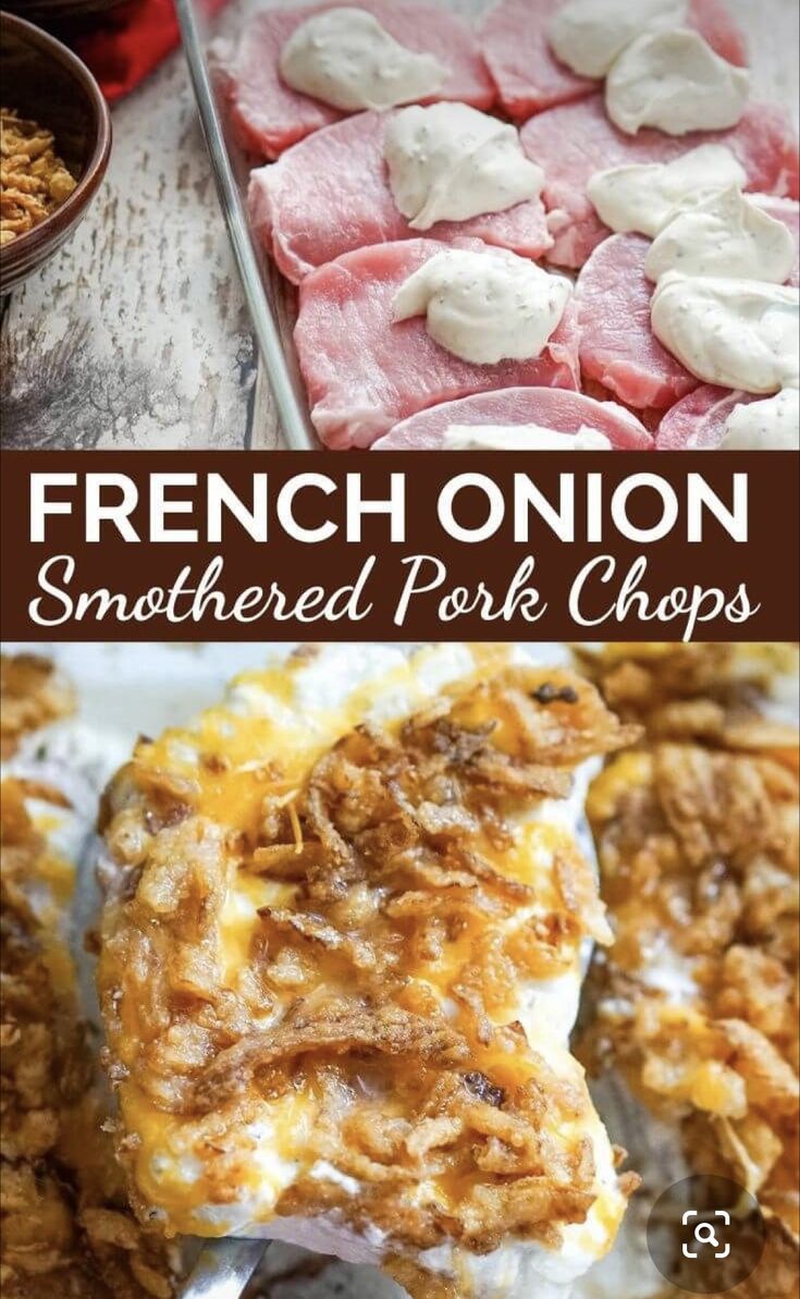 french onion smothered pork chops with text overlay