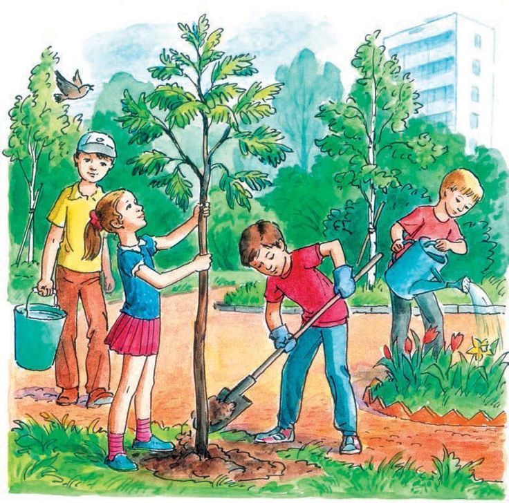 children are planting trees in the park with their teacher and another child is holding a shovel