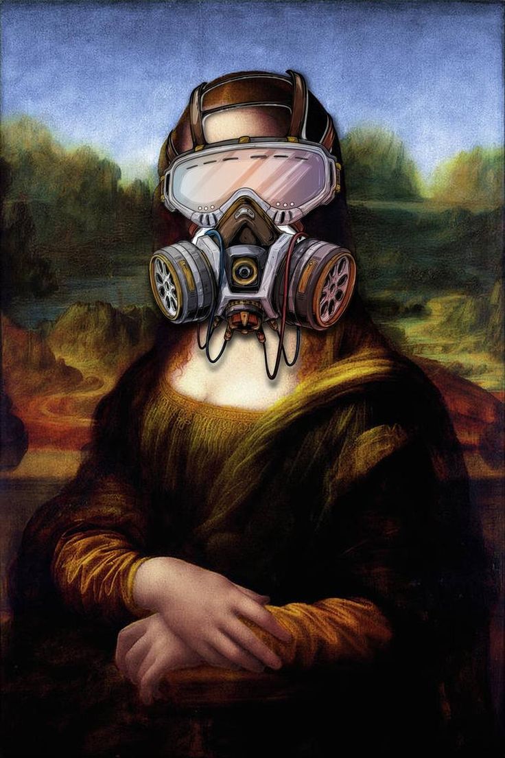 a painting with a gas mask on it's face and an image of a woman wearing