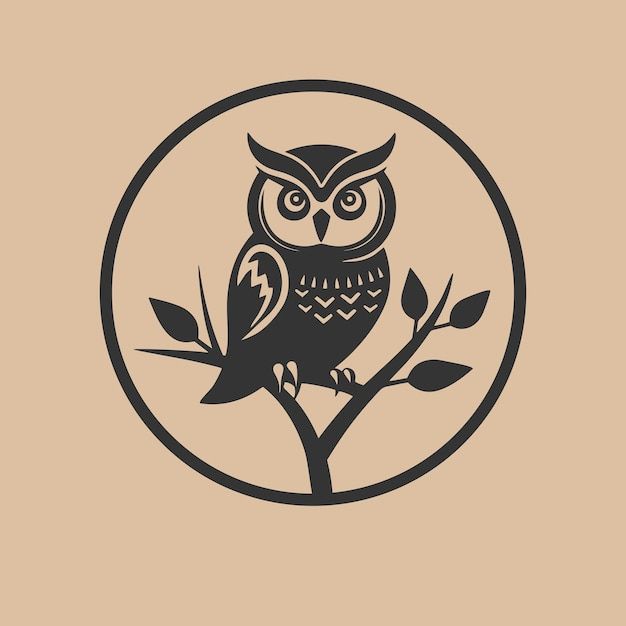 an owl sitting on top of a tree branch in a circle with leaves around it