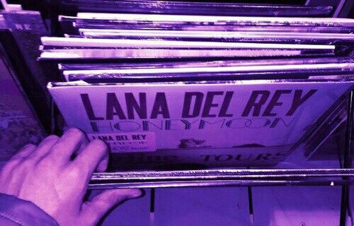 a person is holding up a stack of records in front of a television set with the word lana del rey on it