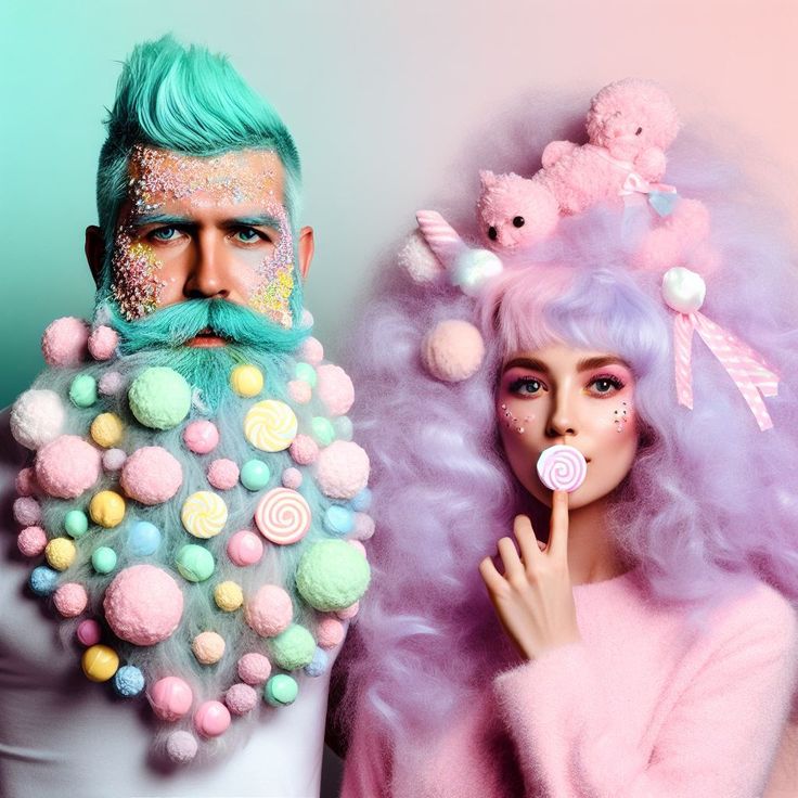 a man and woman with pastel hair and makeup are posing for a photo together