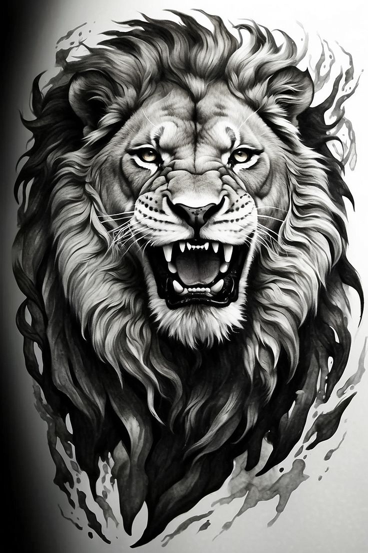 a black and white drawing of a lion's face