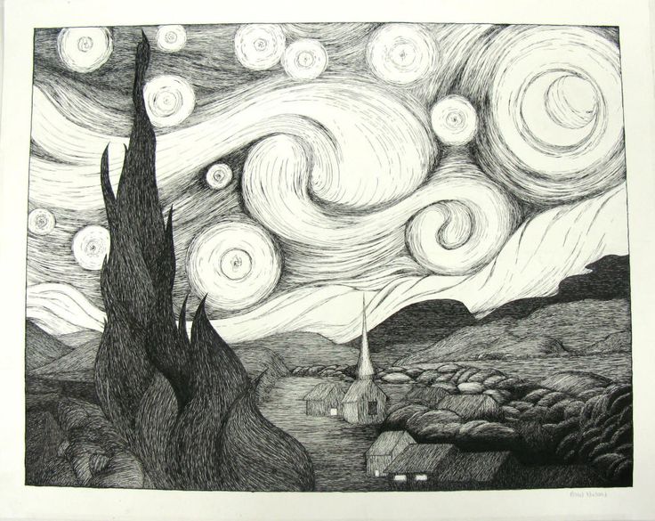 a black and white drawing of the night sky