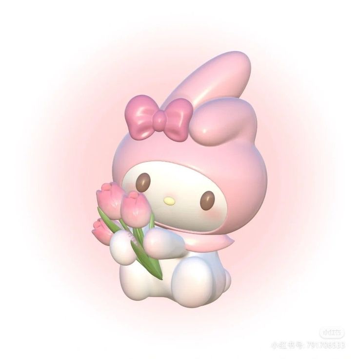 a pink hello kitty holding flowers in her hand and wearing a bow on it's head