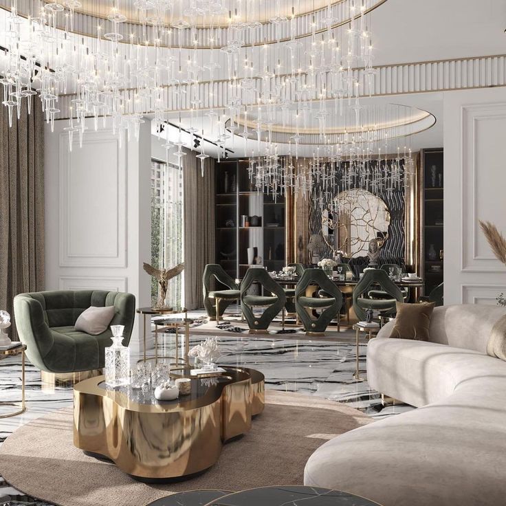 a living room filled with furniture and a chandelier