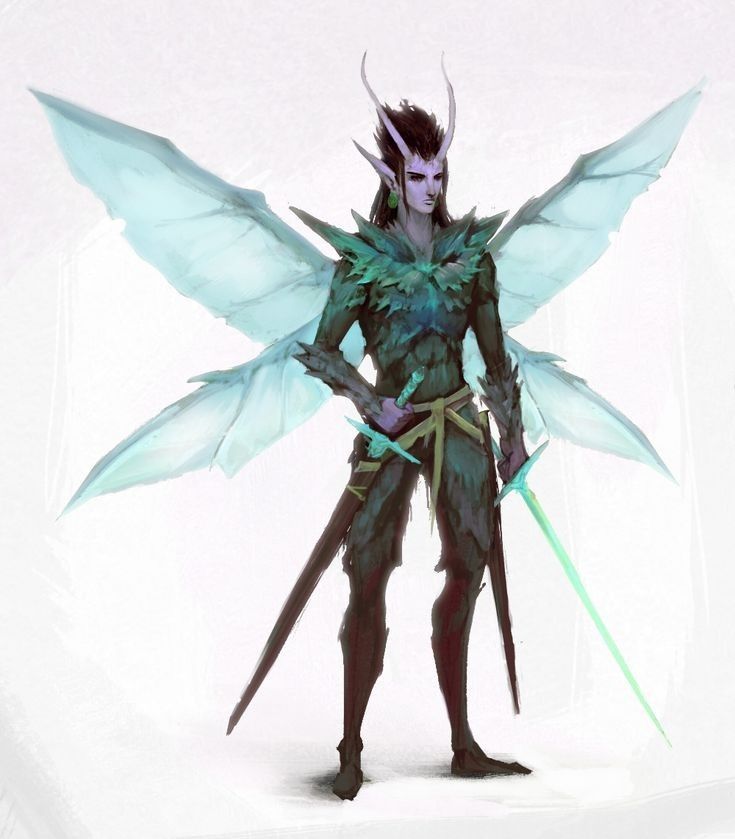 a man dressed in green and blue holding two large wings on his back with one arm extended