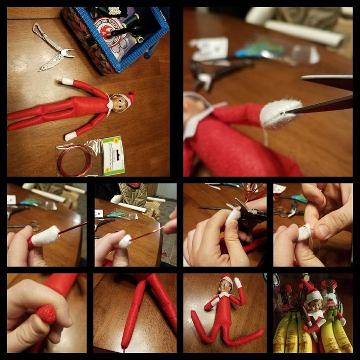 there are many pictures of elfs making christmas decorations with scissors and other crafting supplies