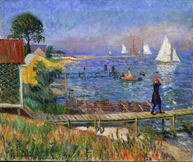 a painting of people walking across a bridge near the water with sailboats in the background