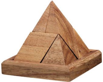 a wooden pyramid puzzle on a white background