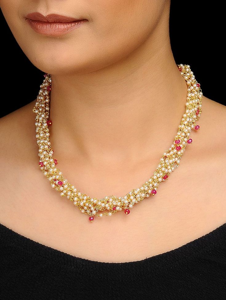 Pink Gold Tone Pearls and Tourmaline Necklace Jewelry Set Design, Indian Jewellery Design Earrings, Pearl Jewelry Sets, Gold Jewelry Necklace, Tourmaline Necklace, Gold Necklace Designs, Jewelry Design Earrings, Necklace Online, Gold Jewelry Fashion