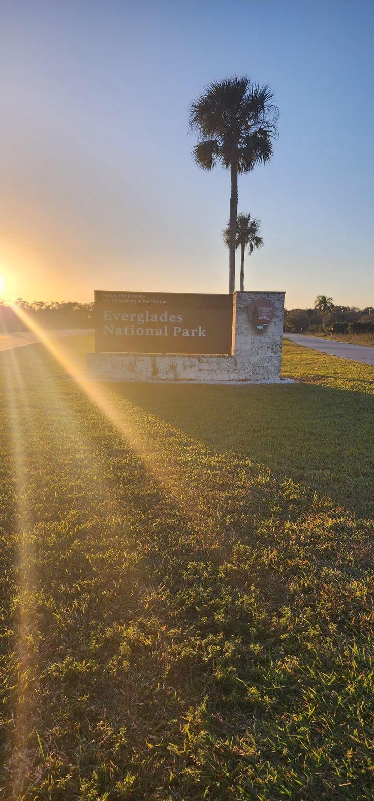 the sun shines brightly behind a palm tree in front of an entrance sign at sunset