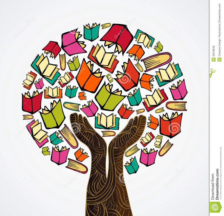 hands holding books in the shape of a tree with colorful boxes on it's branches